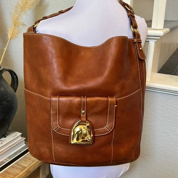 Ralph Lauren Vintage Western Style Horse Emblem Leather Tote Shoulder Bag - Picture 2 of 13